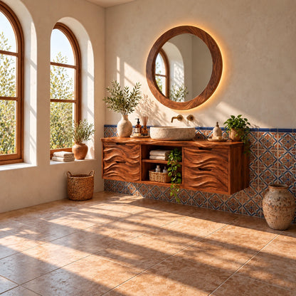 Floating Bathroom Vanity with Four Wave-Carved Drawers and Open Niches - Woodenecho - 3