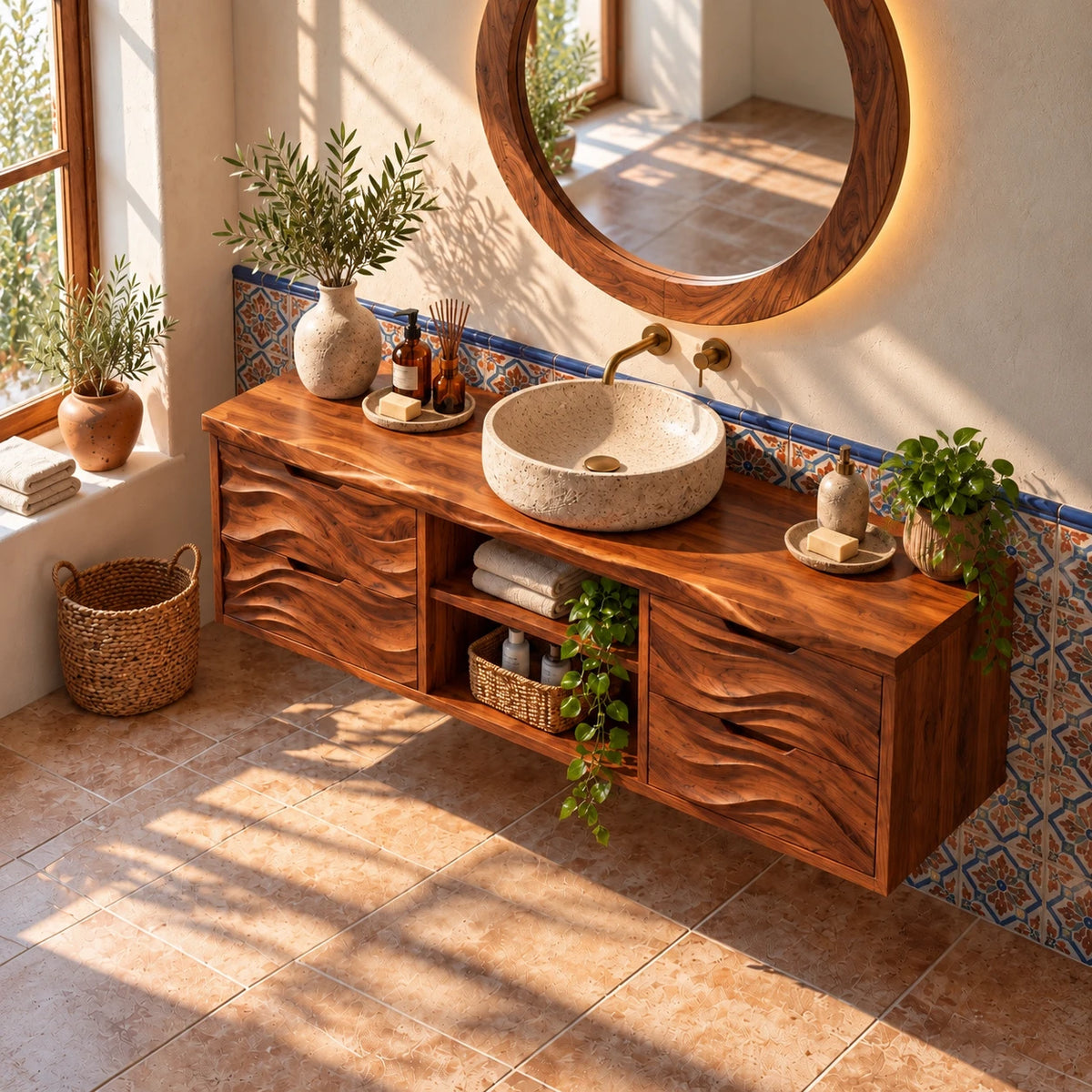 Floating Bathroom Vanity with Four Wave-Carved Drawers and Open Niches - Woodenecho - 5
