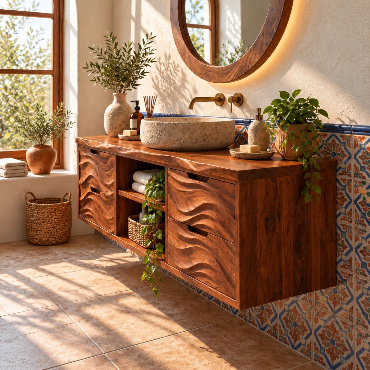 Floating Bathroom Vanity with Four Wave-Carved Drawers and Open Niches - Woodenecho - 6