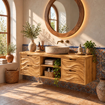 Floating Bathroom Vanity with Four Wave-Carved Drawers and Open Niches - Woodenecho - 8