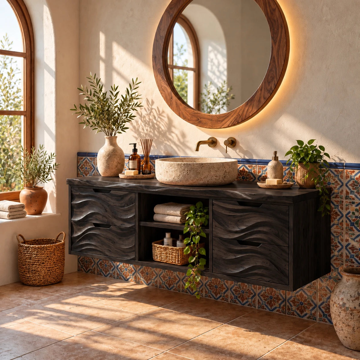 Floating Bathroom Vanity with Four Wave-Carved Drawers and Open Niches - Woodenecho - 9