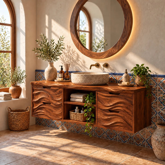 Floating Bathroom Vanity with Four Wave-Carved Drawers and Open Niches - Woodenecho
