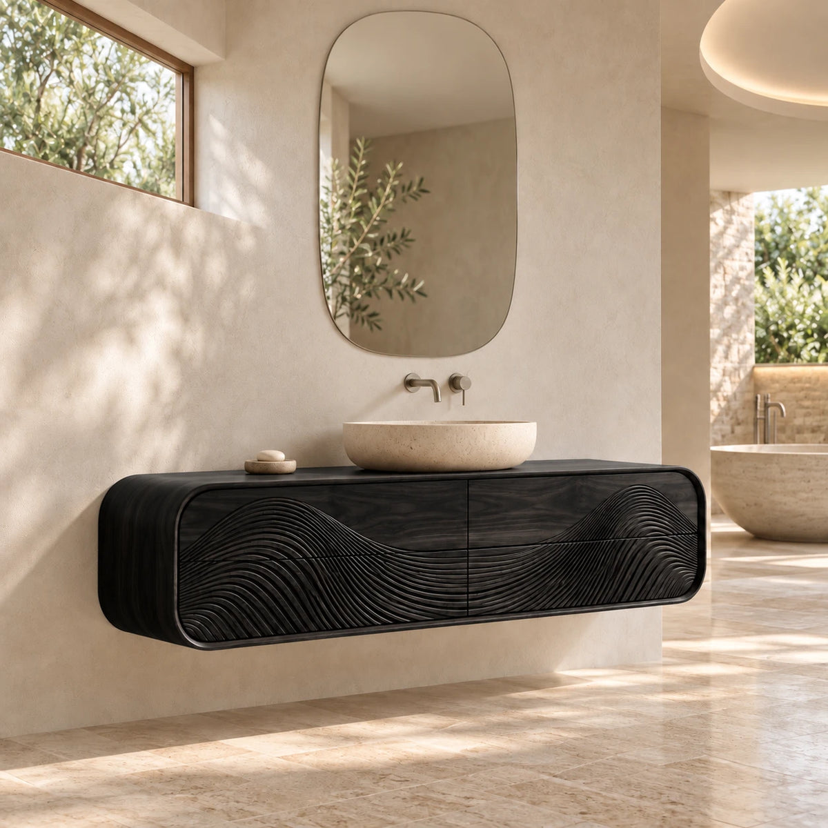 Floating Bathroom Vanity with Four Wave-Carved Drawers and Rounded Stadium Ends - Woodenecho - 11