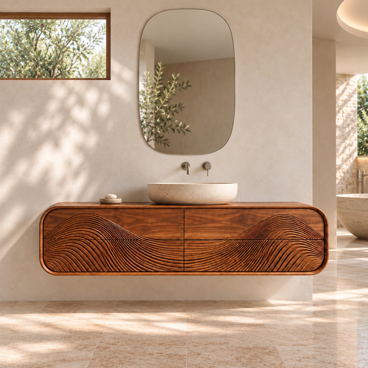 Floating Bathroom Vanity with Four Wave-Carved Drawers and Rounded Stadium Ends - Woodenecho - 2