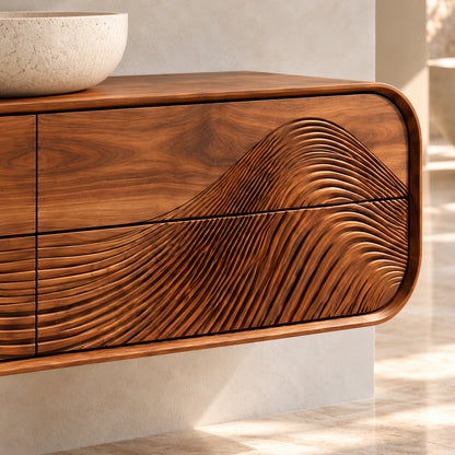 Floating Bathroom Vanity with Four Wave-Carved Drawers and Rounded Stadium Ends - Woodenecho - 4