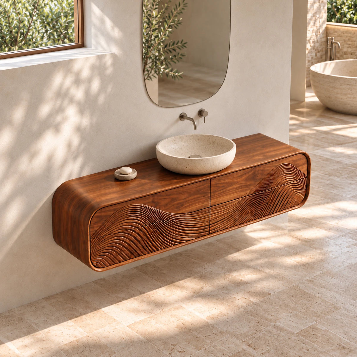 Floating Bathroom Vanity with Four Wave-Carved Drawers and Rounded Stadium Ends - Woodenecho - 5