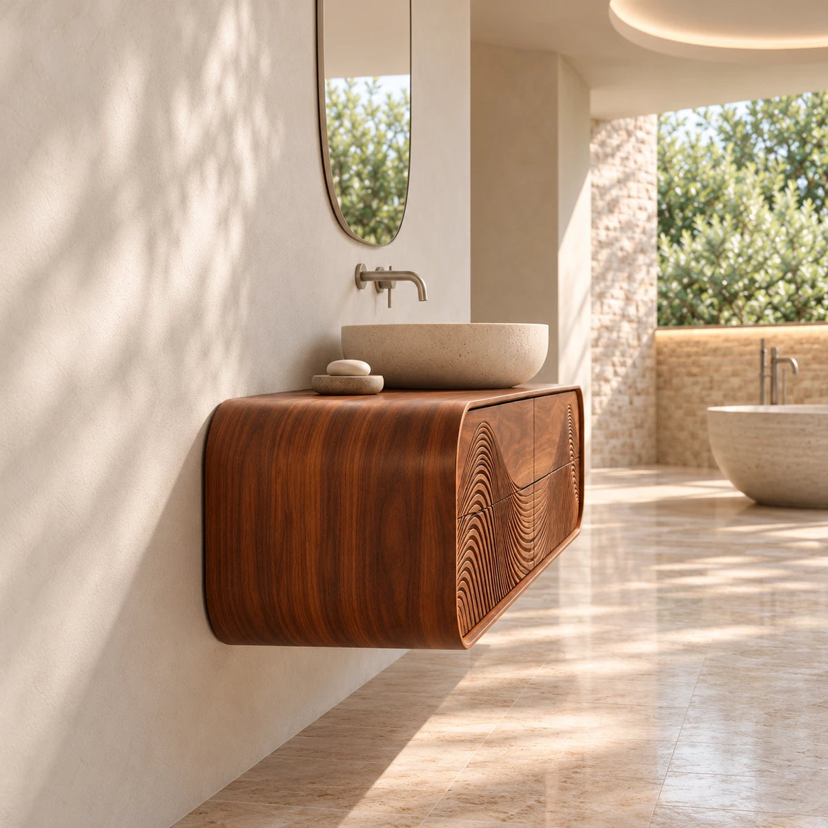 Floating Bathroom Vanity with Four Wave-Carved Drawers and Rounded Stadium Ends - Woodenecho - 6