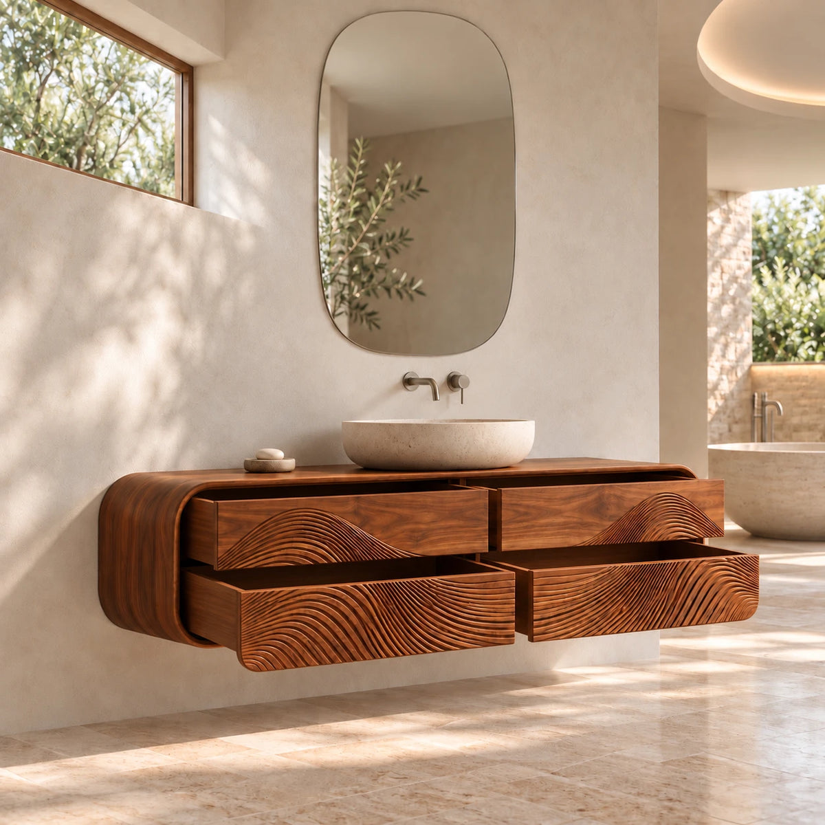 Floating Bathroom Vanity with Four Wave-Carved Drawers and Rounded Stadium Ends - Woodenecho - 7
