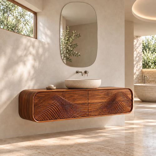Floating Bathroom Vanity with Four Wave-Carved Drawers and Rounded Stadium Ends - Woodenecho