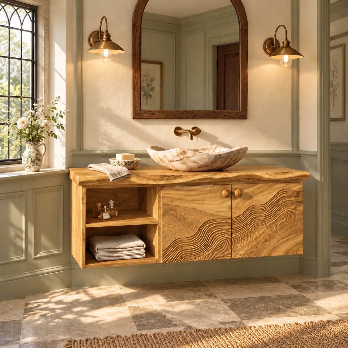 Floating Bathroom Vanity with Live-Edge Slab, Wave-Carved Doors and Open Cubbies - Woodenecho - 10