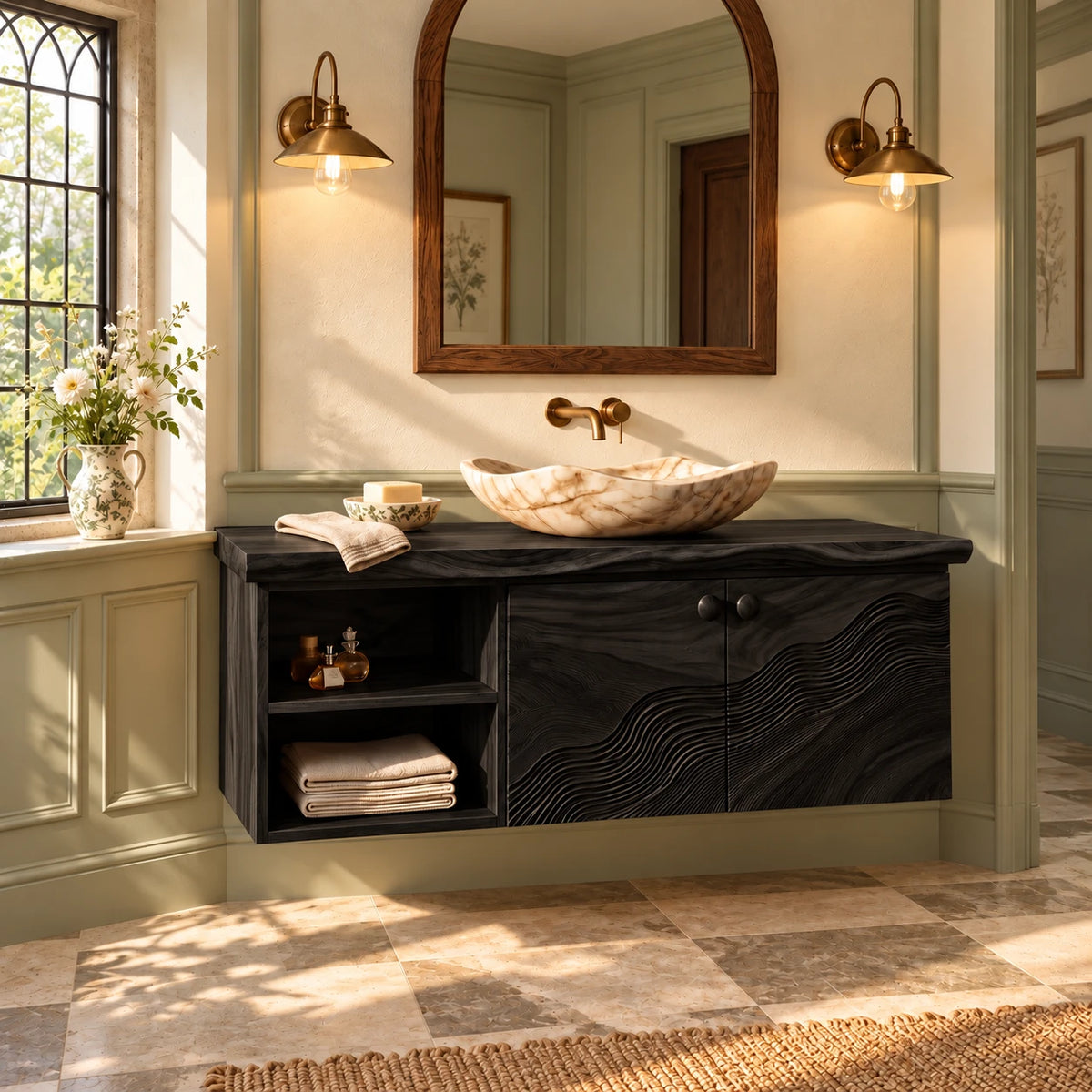 Floating Bathroom Vanity with Live-Edge Slab, Wave-Carved Doors and Open Cubbies - Woodenecho - 11