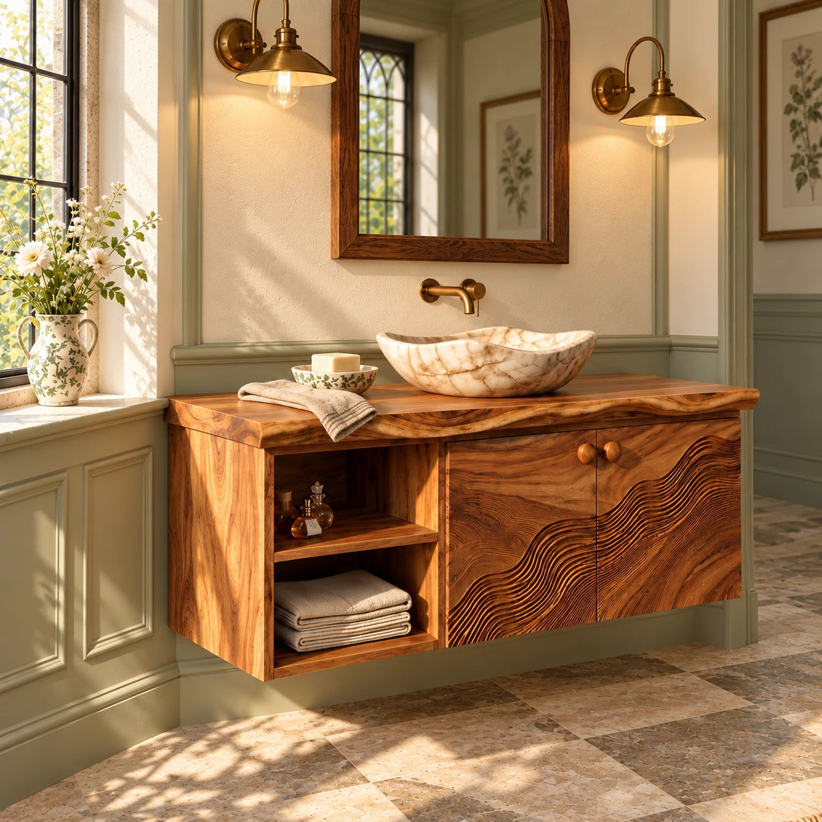 Floating Bathroom Vanity with Live-Edge Slab, Wave-Carved Doors and Open Cubbies - Woodenecho - 2