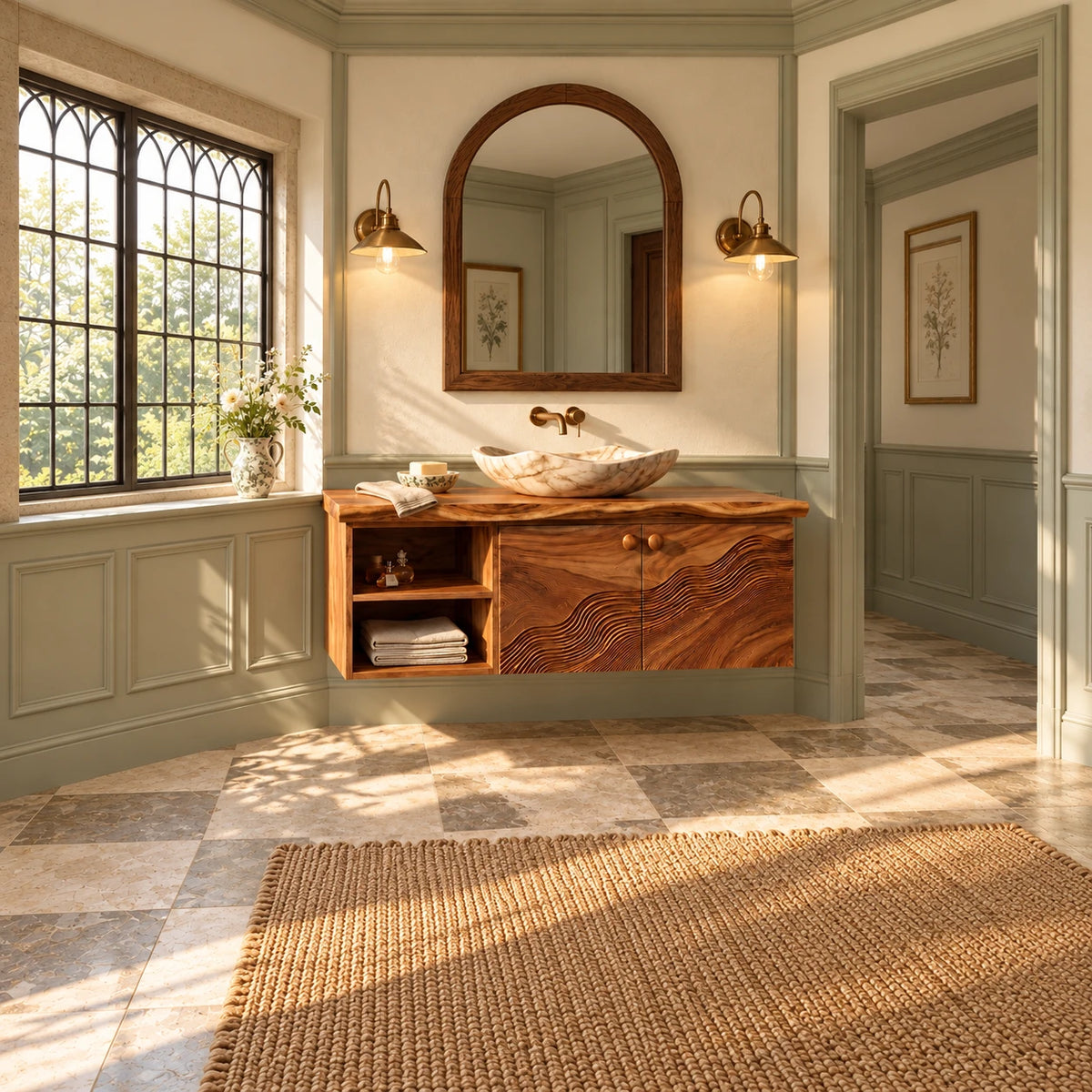 Floating Bathroom Vanity with Live-Edge Slab, Wave-Carved Doors and Open Cubbies - Woodenecho - 3
