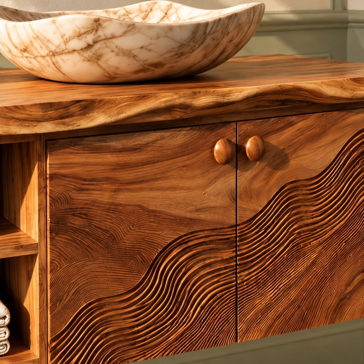 Floating Bathroom Vanity with Live-Edge Slab, Wave-Carved Doors and Open Cubbies - Woodenecho - 4