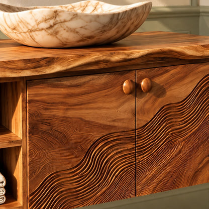 Floating Bathroom Vanity with Live-Edge Slab, Wave-Carved Doors and Open Cubbies - Woodenecho - 4