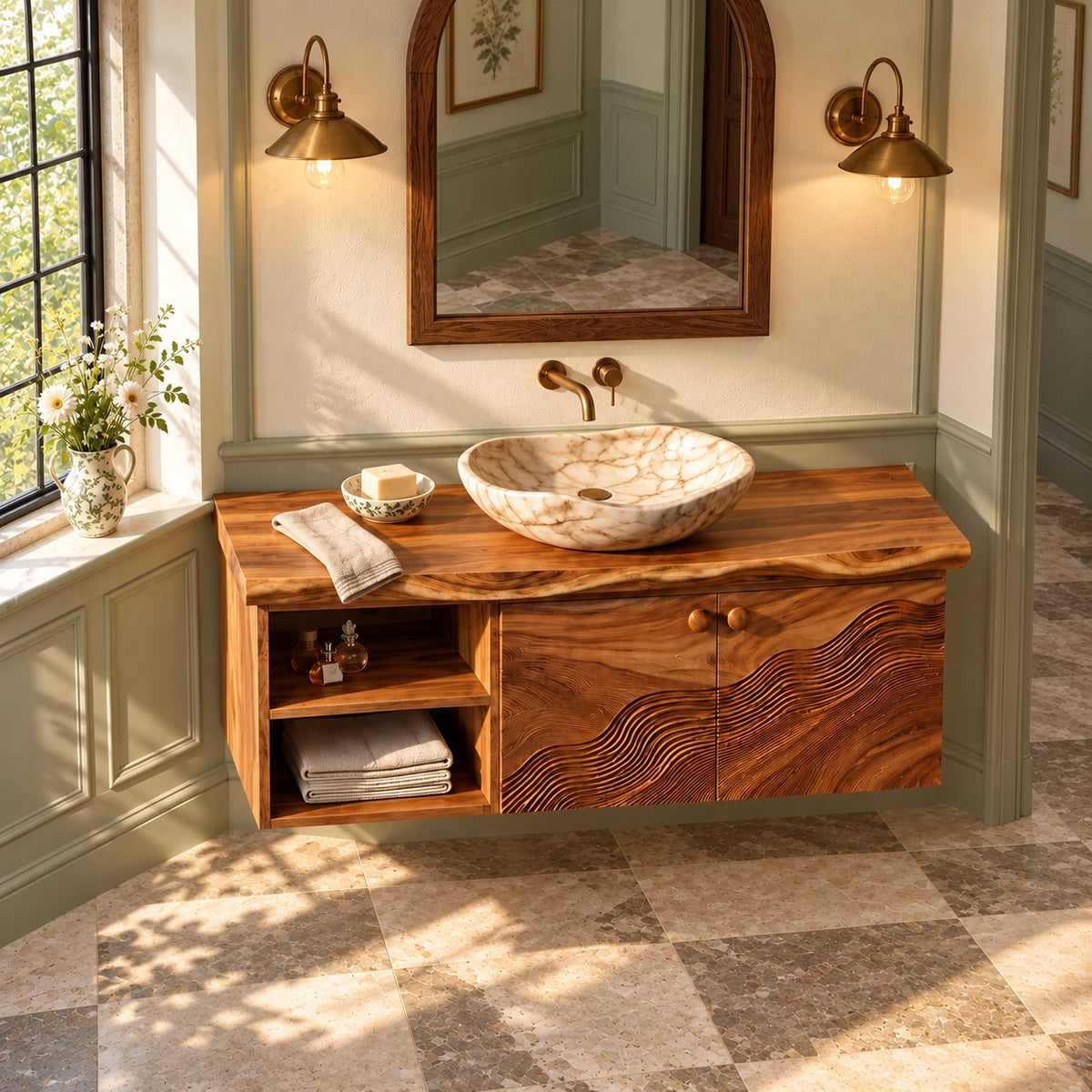 Floating Bathroom Vanity with Live-Edge Slab, Wave-Carved Doors and Open Cubbies - Woodenecho - 5