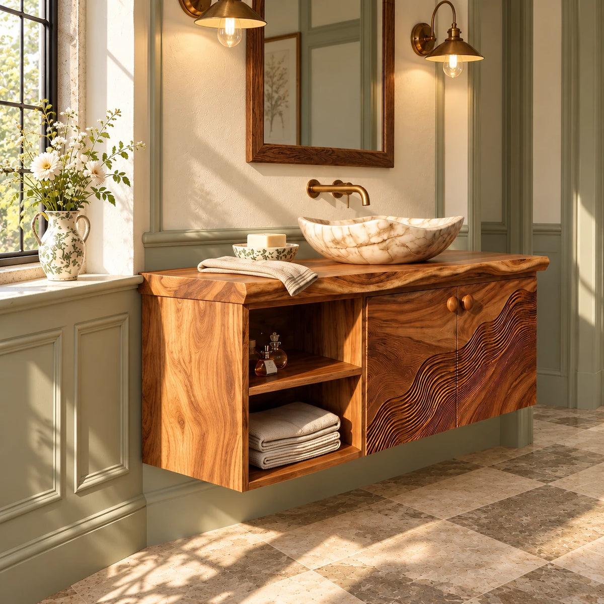 Floating Bathroom Vanity with Live-Edge Slab, Wave-Carved Doors and Open Cubbies - Woodenecho - 6