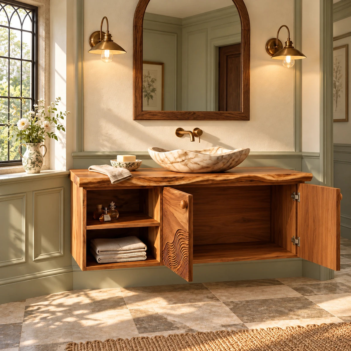 Floating Bathroom Vanity with Live-Edge Slab, Wave-Carved Doors and Open Cubbies - Woodenecho - 7