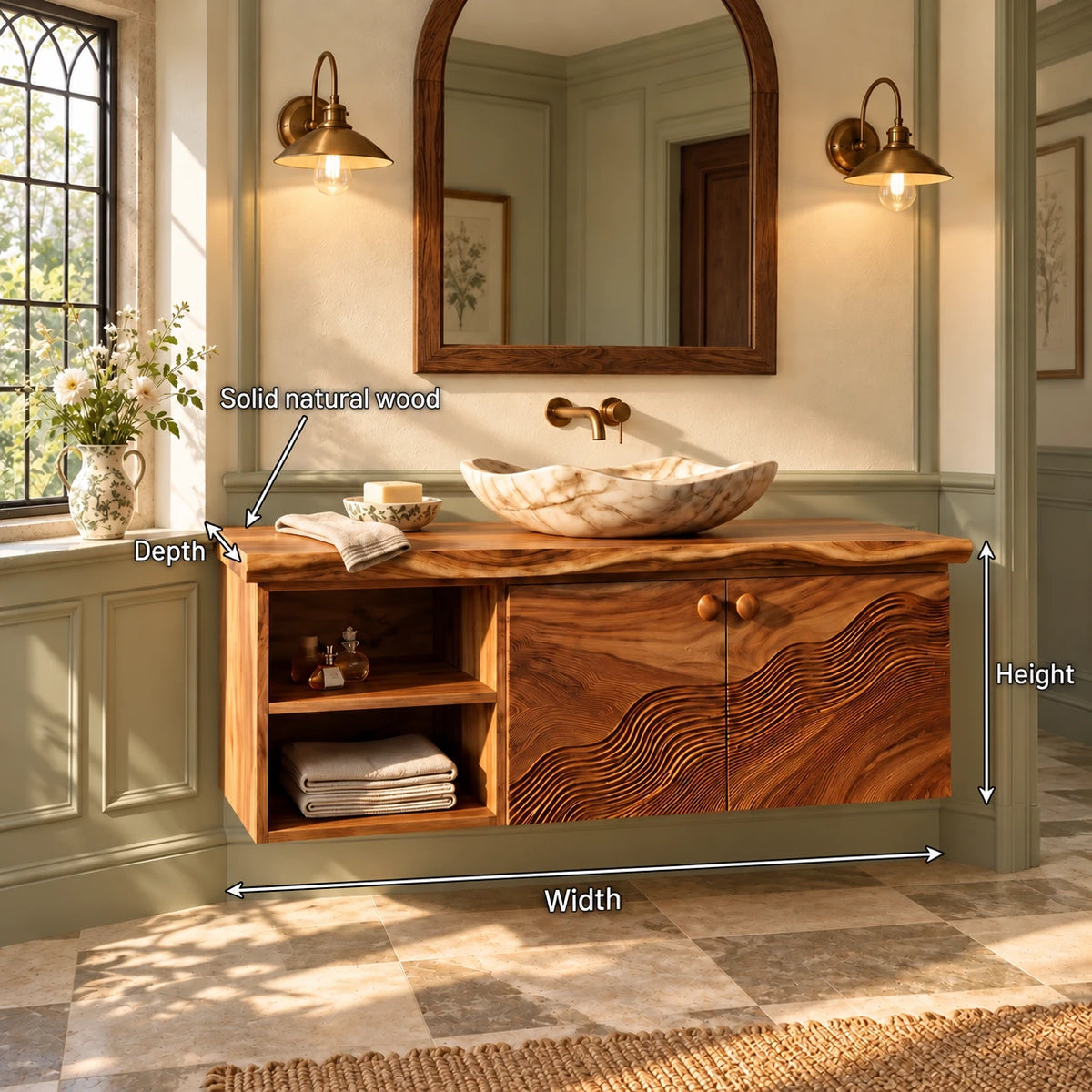 Floating Bathroom Vanity with Live-Edge Slab, Wave-Carved Doors and Open Cubbies - Woodenecho - 8