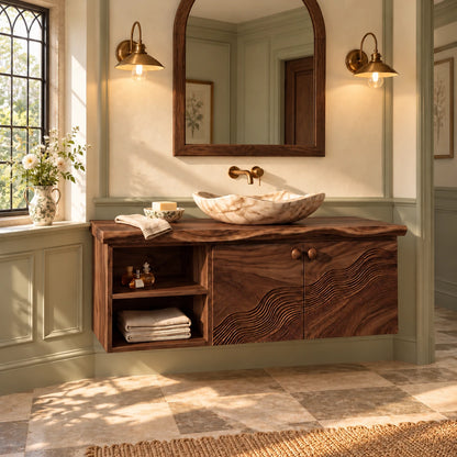 Floating Bathroom Vanity with Live-Edge Slab, Wave-Carved Doors and Open Cubbies - Woodenecho - 9