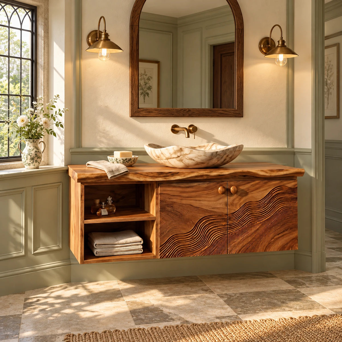 Floating Bathroom Vanity with Live-Edge Slab, Wave-Carved Doors and Open Cubbies - Woodenecho