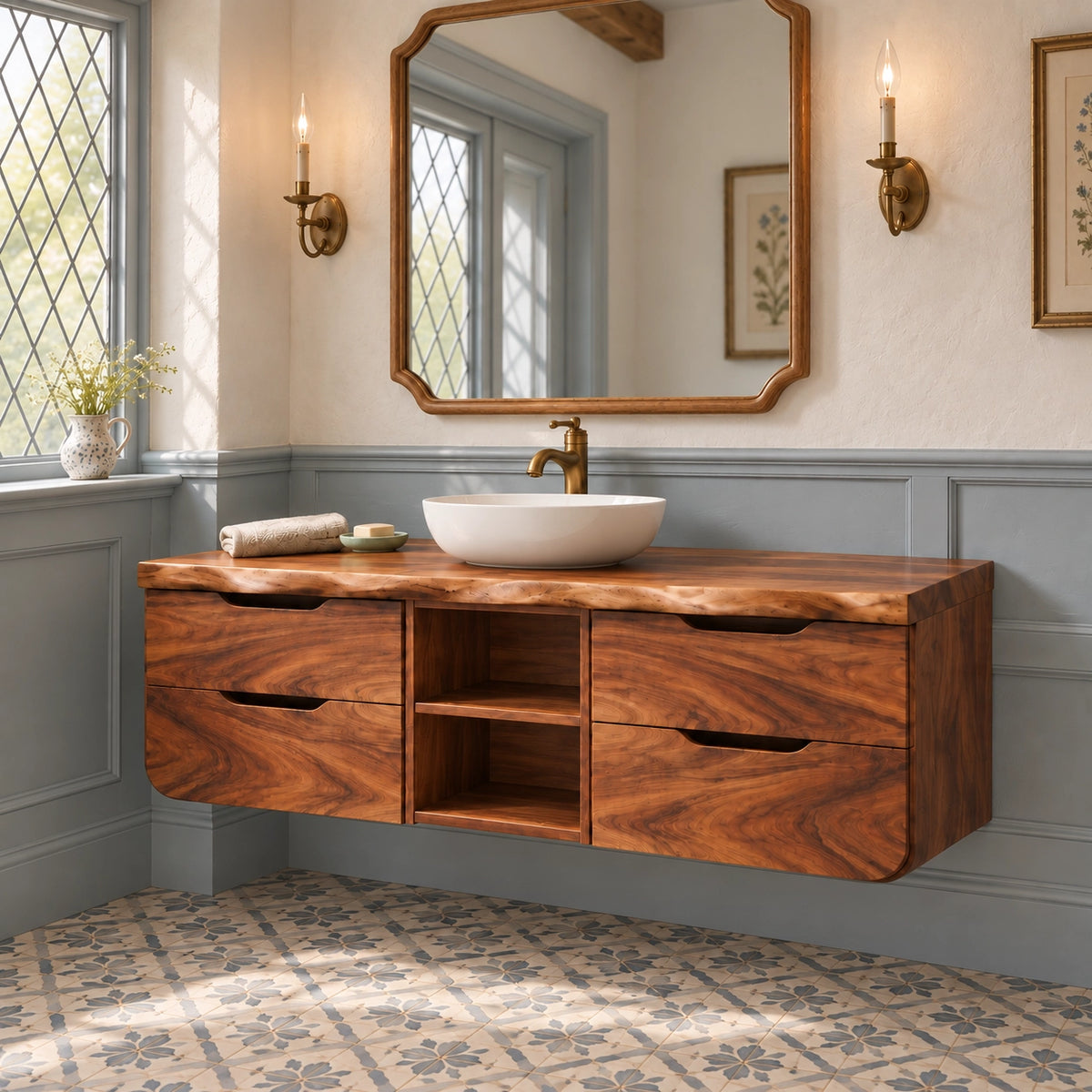 Floating Bathroom Vanity with Rounded Drawers in Natural Solid Wood - Woodenecho - 1