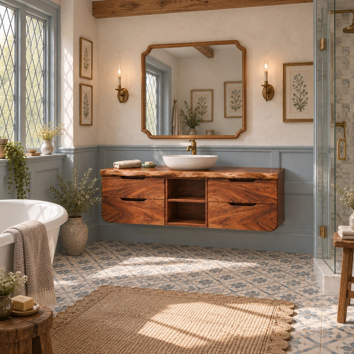 Floating Bathroom Vanity with Rounded Drawers in Natural Solid Wood - Woodenecho - 2