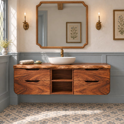 Floating Bathroom Vanity with Rounded Drawers in Natural Solid Wood - Woodenecho - 3