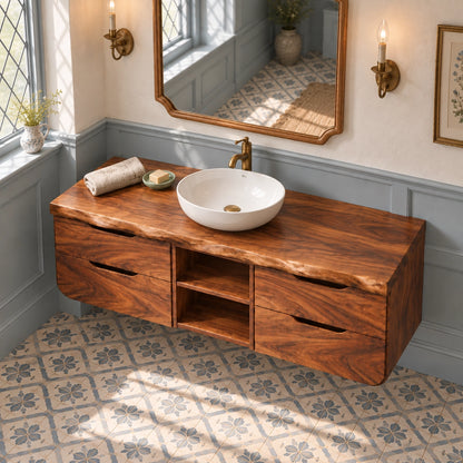 Floating Bathroom Vanity with Rounded Drawers in Natural Solid Wood - Woodenecho - 4