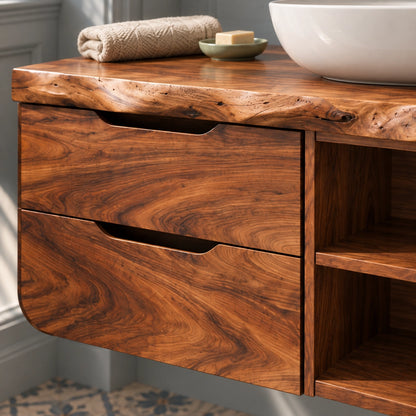 Floating Bathroom Vanity with Rounded Drawers in Natural Solid Wood - Woodenecho - 5