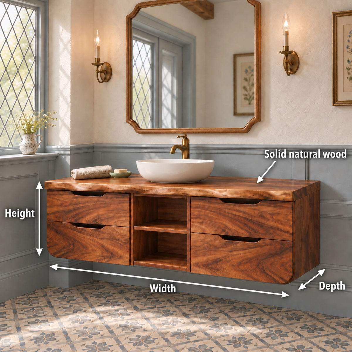 Floating Bathroom Vanity with Rounded Drawers in Natural Solid Wood - Woodenecho - 6