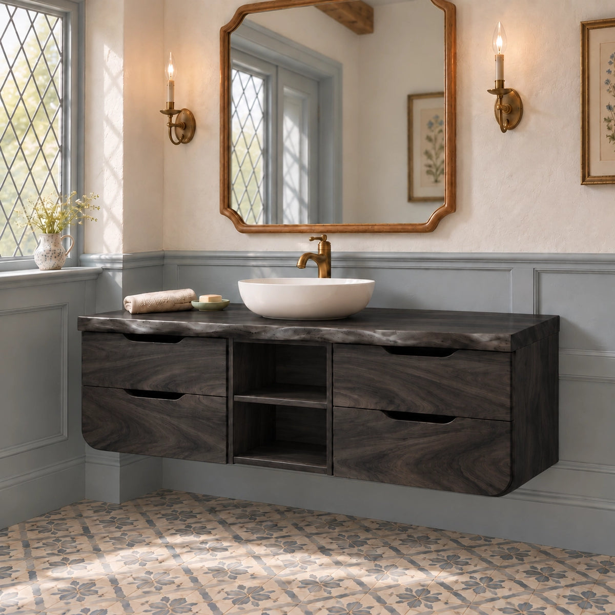 Floating Bathroom Vanity with Rounded Drawers in Natural Solid Wood - Woodenecho - 7