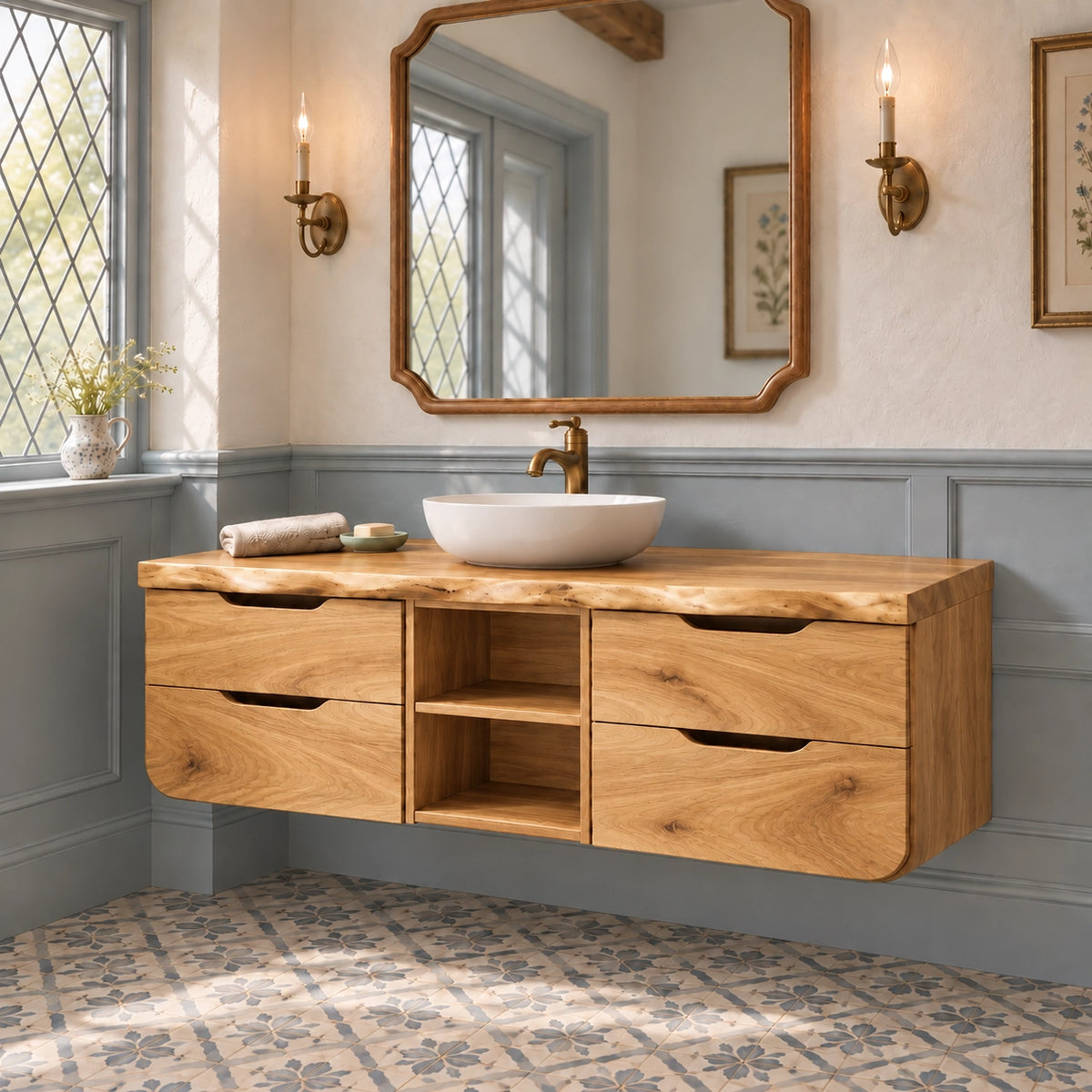 Floating Bathroom Vanity with Rounded Drawers in Natural Solid Wood - Woodenecho - 8