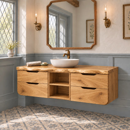 Floating Bathroom Vanity with Rounded Drawers in Natural Solid Wood - Woodenecho - 8