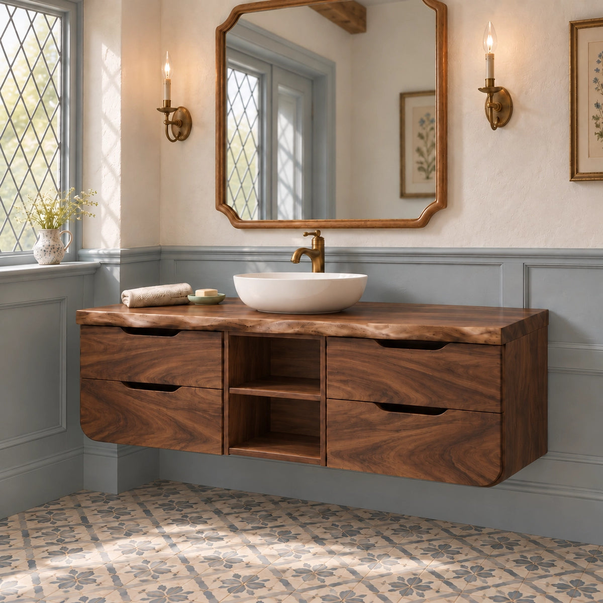 Floating Bathroom Vanity with Rounded Drawers in Natural Solid Wood - Woodenecho - 9