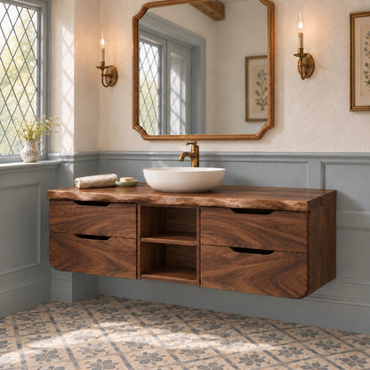 Floating Bathroom Vanity with Rounded Drawers in Natural Solid Wood - Woodenecho - 9