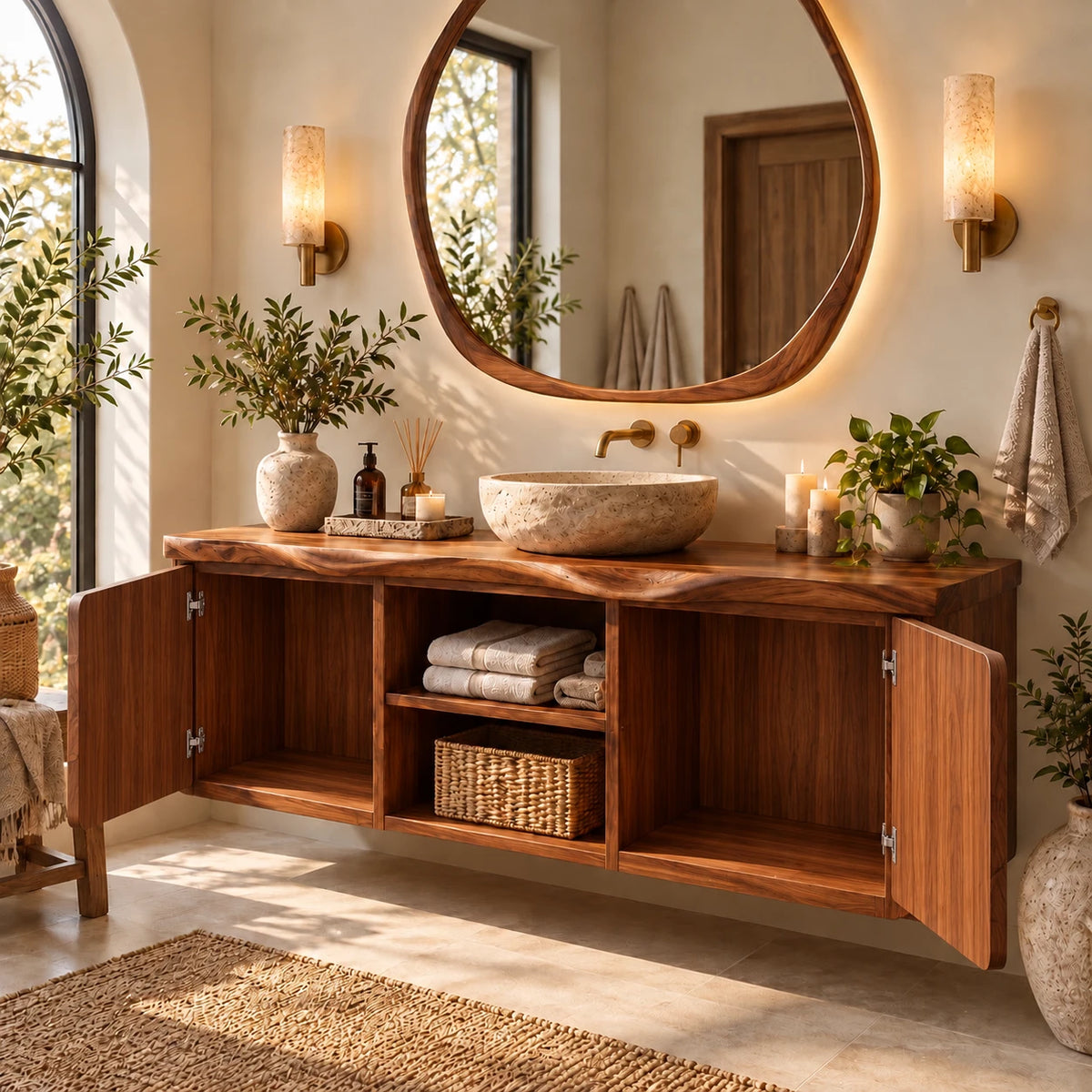 Floating Bathroom Vanity with Sink, Ripple-Carved End Doors and Open Towel Niche - Woodenecho - 11