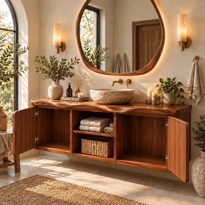 Floating Bathroom Vanity with Sink, Ripple-Carved End Doors and Open Towel Niche - Woodenecho - 11