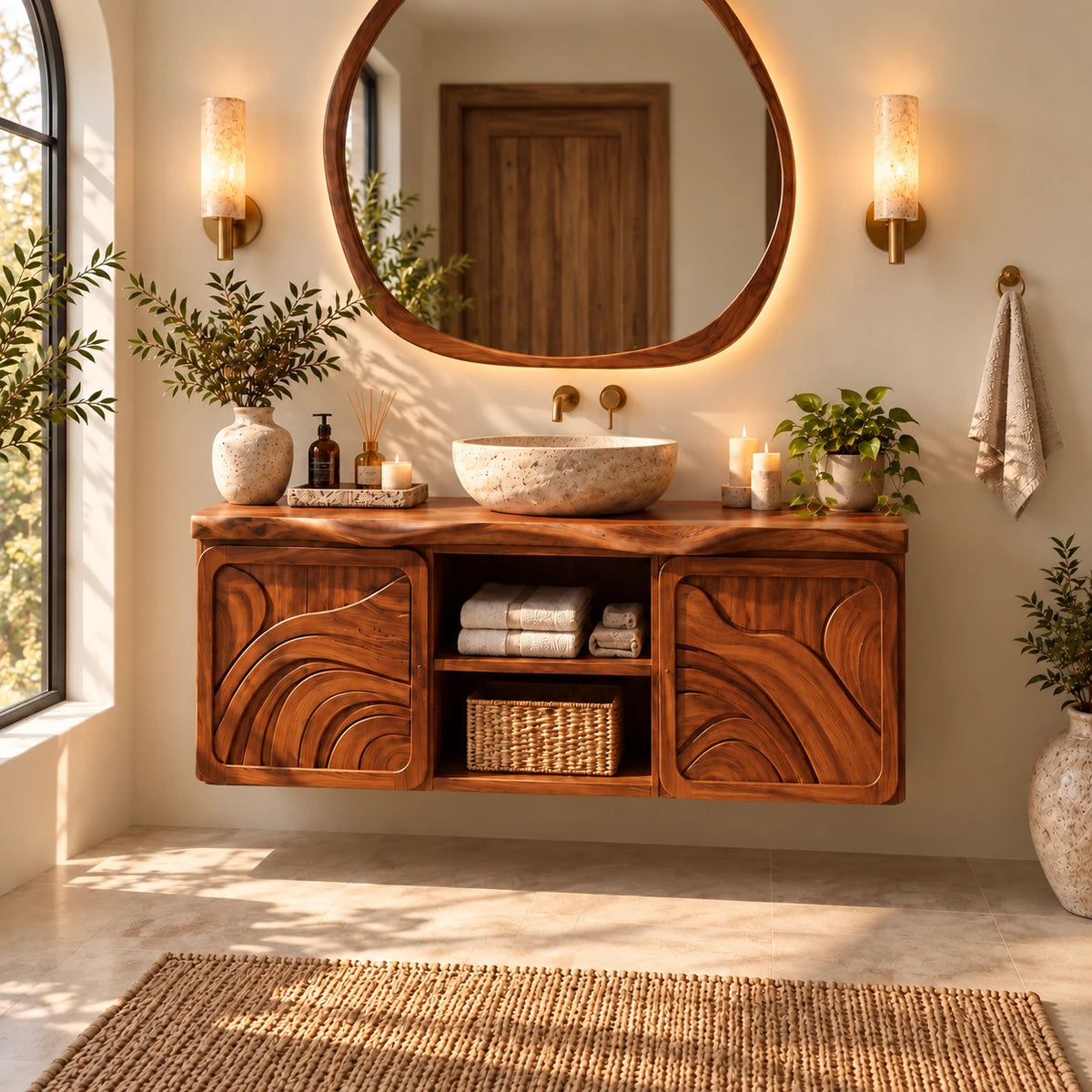 Floating Bathroom Vanity with Sink, Ripple-Carved End Doors and Open Towel Niche - Woodenecho - 12