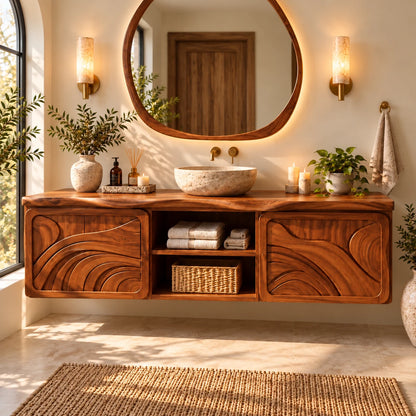 Floating Bathroom Vanity with Sink, Ripple-Carved End Doors and Open Towel Niche - Woodenecho - 13