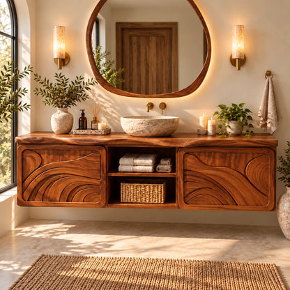Floating Bathroom Vanity with Sink, Ripple-Carved End Doors and Open Towel Niche - Woodenecho - 14