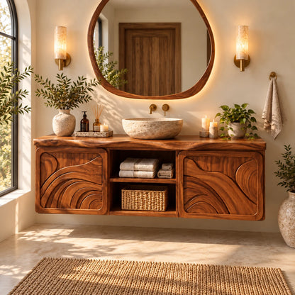 Floating Bathroom Vanity with Sink, Ripple-Carved End Doors and Open Towel Niche - Woodenecho - 2