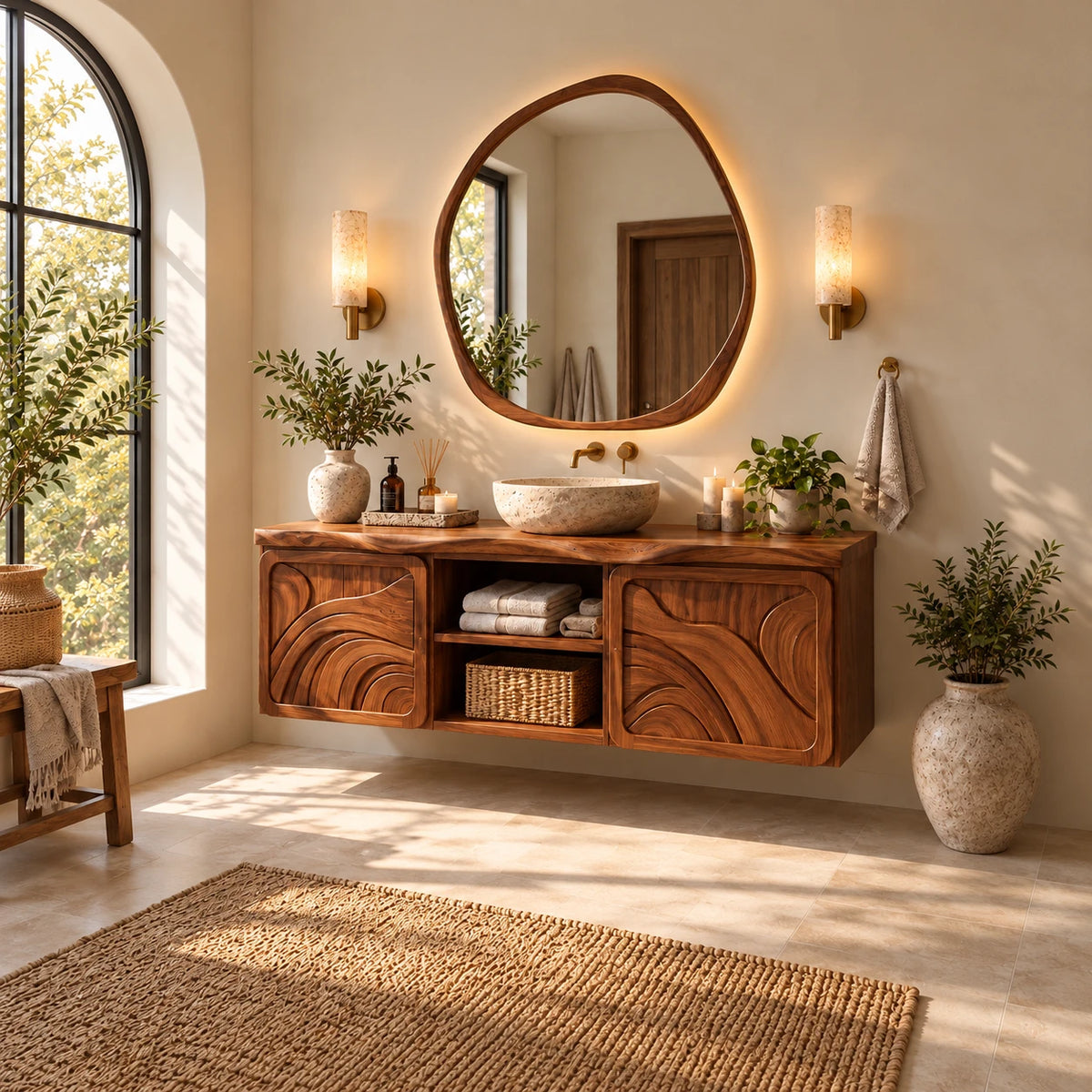 Floating Bathroom Vanity with Sink, Ripple-Carved End Doors and Open Towel Niche - Woodenecho - 3