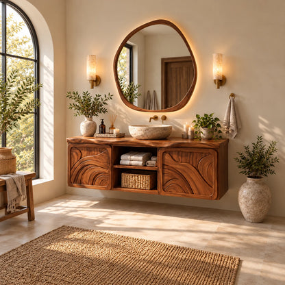 Floating Bathroom Vanity with Sink, Ripple-Carved End Doors and Open Towel Niche - Woodenecho - 3