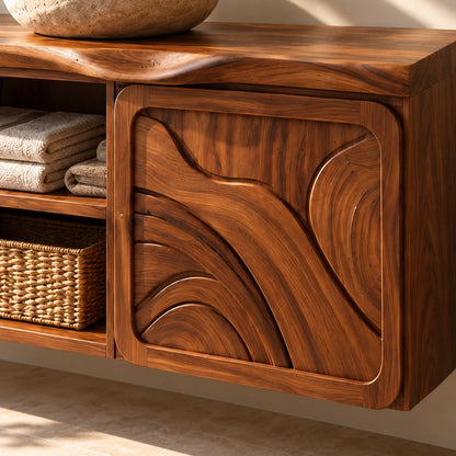 Floating Bathroom Vanity with Sink, Ripple-Carved End Doors and Open Towel Niche - Woodenecho - 4