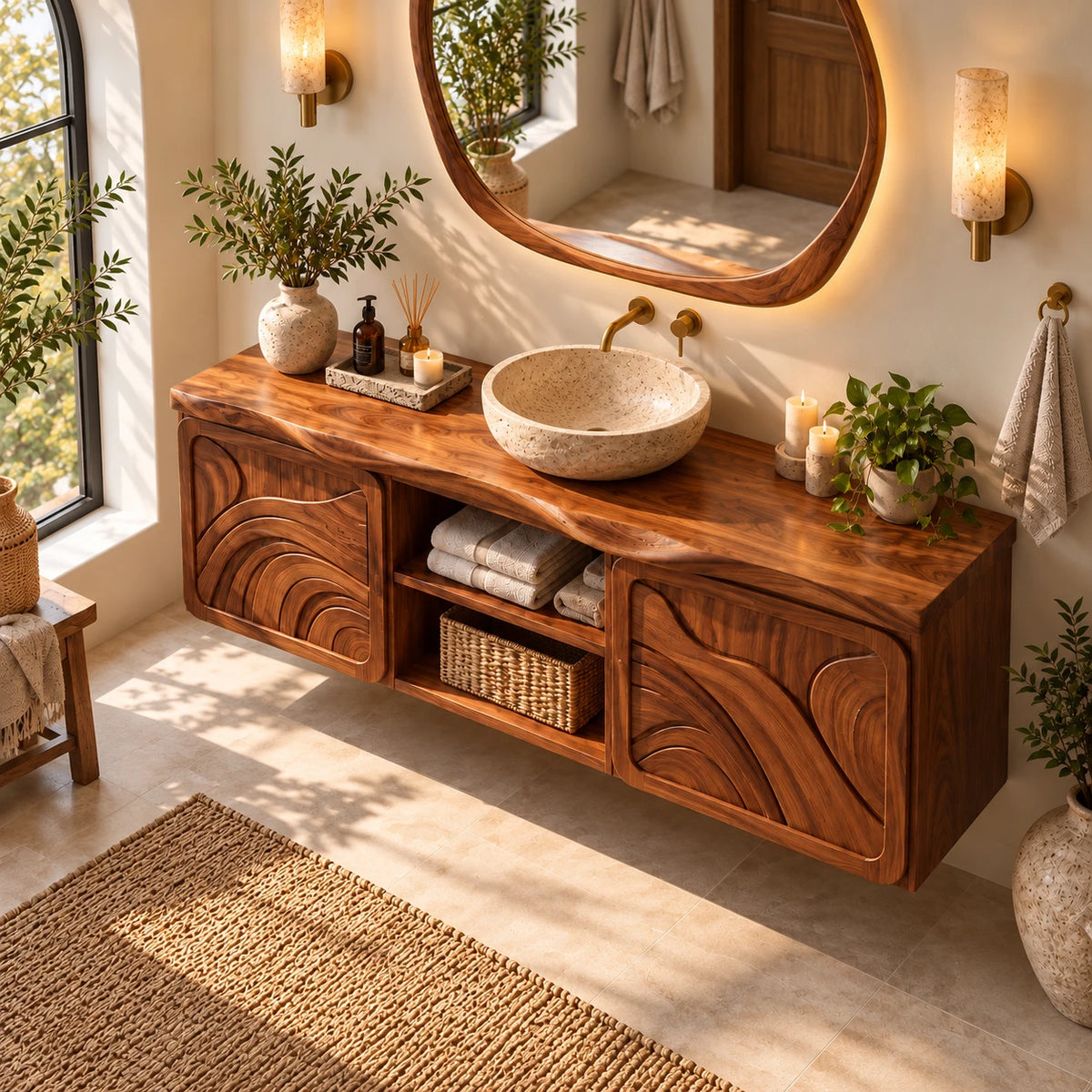 Floating Bathroom Vanity with Sink, Ripple-Carved End Doors and Open Towel Niche - Woodenecho - 5