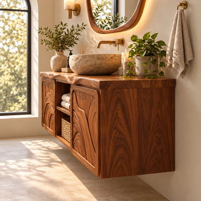 Floating Bathroom Vanity with Sink, Ripple-Carved End Doors and Open Towel Niche - Woodenecho - 6