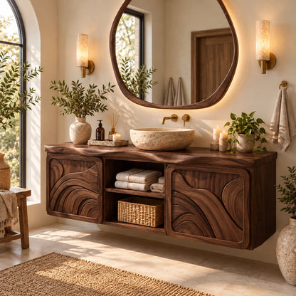 Floating Bathroom Vanity with Sink, Ripple-Carved End Doors and Open Towel Niche - Woodenecho - 7