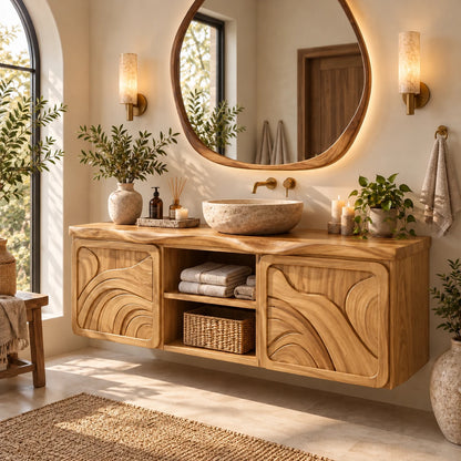 Floating Bathroom Vanity with Sink, Ripple-Carved End Doors and Open Towel Niche - Woodenecho - 8