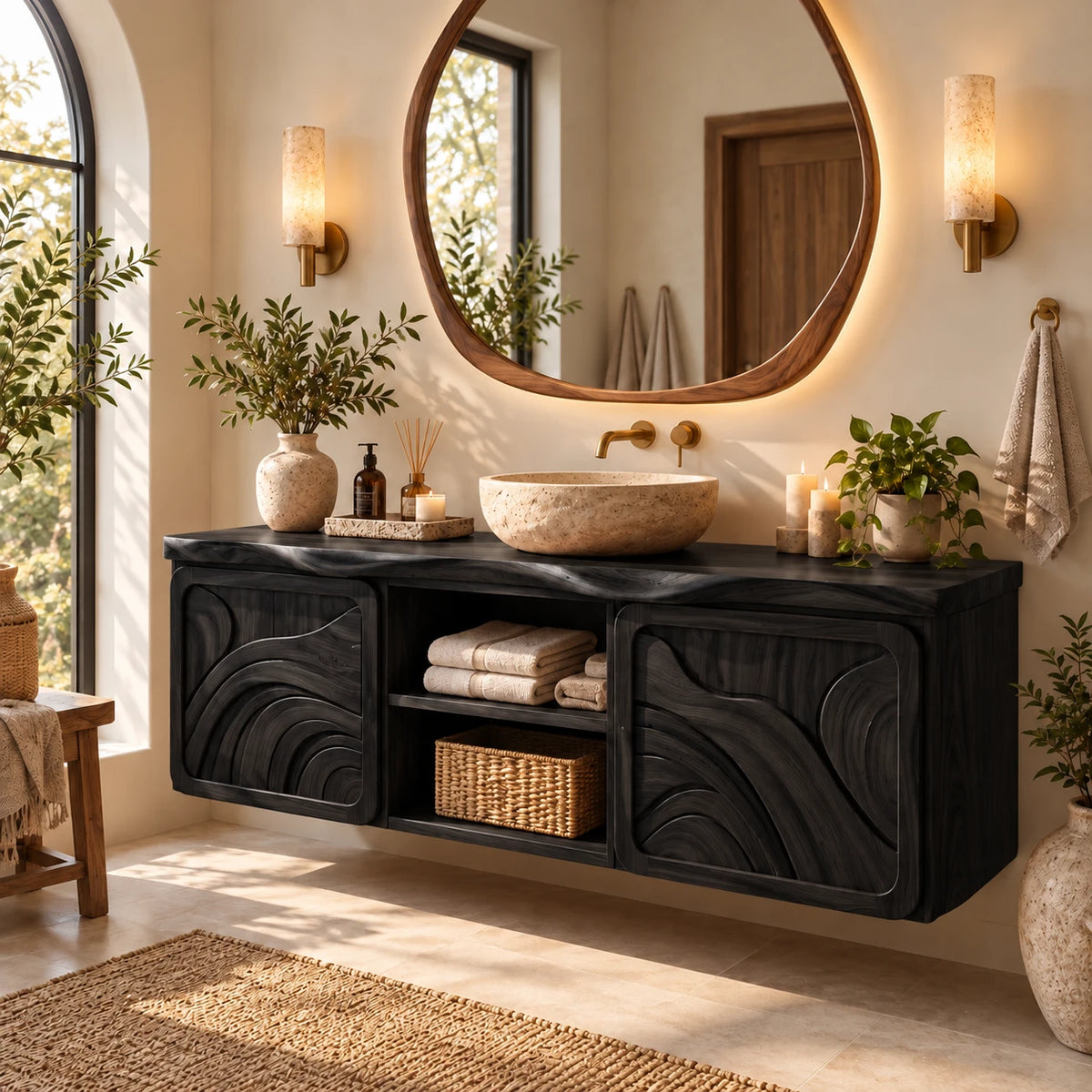 Floating Bathroom Vanity with Sink, Ripple-Carved End Doors and Open Towel Niche - Woodenecho - 9